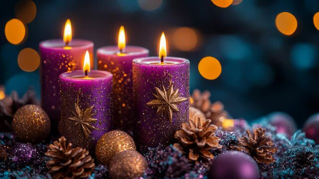 Advent Candles - Four Purple Candle lights With Glittering Glowing video