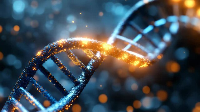Close-up 3d video of a dna double helix rotating against a blurred background, representing genetic research and biological innovation - Powered by Adobe