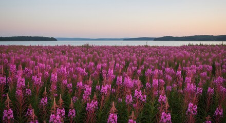 ai image showcases a breathtaking expansive field of tall pink fireweed flowers blooming vibrantly during a calm sunset or sunrise scene