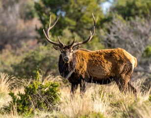 Fototapeta premium Majestic elk bull standing in a grassy field, looking directly at the camera.