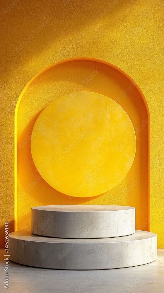 Poster bold yellow and gray circular structures create a striking backdrop ideal for showcasing products. t