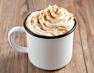 Delicious hot drink in a white enamel mug topped with whipped cream and cinnamon. Perfect for a cozy autumn day.