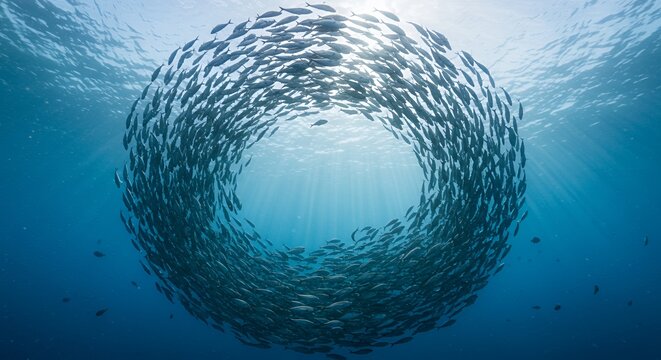 School of Fish Forming a Circle in the Ocean with Sunlight Strea