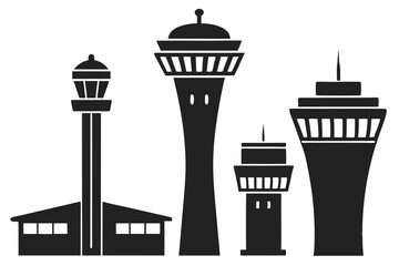 set of Air Traffic Control Tower silhouette vector illustration