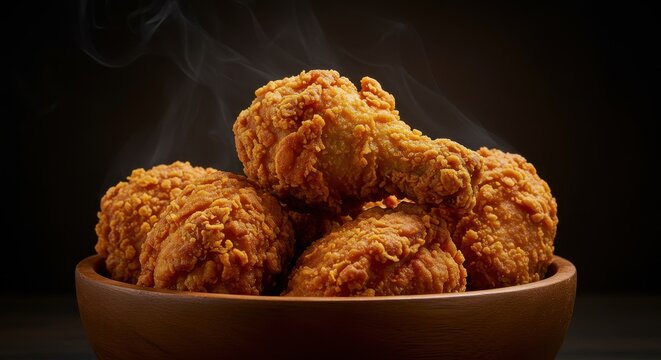 Golden brown crispy fried chicken pieces in a rustic wooden bowl set against a dark background. Subtle steam rises from the hot food.