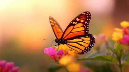 Fototapeta premium A vibrant monarch butterfly delicately perched on colorful flowers during a serene sunset