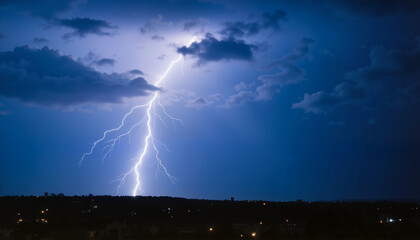 Lightning Striking Dramatically Over Cityscape at Night  