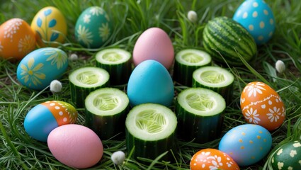 Fototapeta premium Colorful Easter eggs and fresh cucumbers arranged on green grass, evoking a festive spring atmosphere