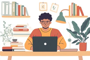 A mature student at home, taking online courses with a laptop, books, and a comfortable learning setup, symbolizing an educators ongoing pursuit of knowledge.