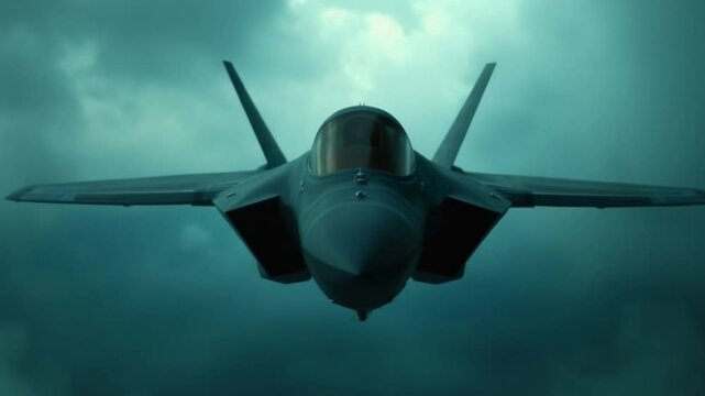 Stealth fighter jet, F-35 Lightning II, head-on view, flying through stormy clouds, dramatic lighting, low-angle shot, powerful military aircraft, sleek aerodynamic design, advanced technology,