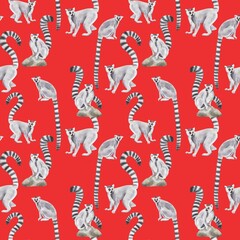 Seamless pattern with hand-drawn watercolor lemurs on a bright red background. Perfect for textile, fabric, clothes, backdrop, wall hanging, wrapping, home decoration, design paper, scrapbooking