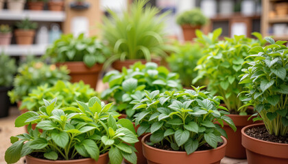 Fresh Green Herbs Growing in Pots Inside a Garden Center  