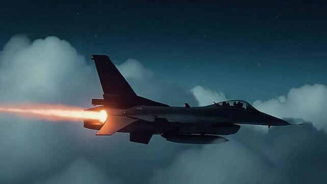 Military fighter jet, F-16 Falcon, night sky, clouds, stars, afterburner glow, missile launch, dynamic angle, dramatic lighting, high-contrast, photorealistic, cinematic, action shot