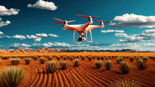Drone Surveying Agave Plantation: A white drone with a camera soars over a vast agave plantation against a stunning backdrop of blue sky and fluffy white clouds.
