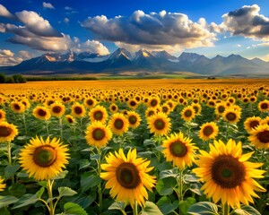 Obraz premium A field of yellow sunflowers with a mountain in the background. The sunflowers are in full bloom and are scattered throughout the field