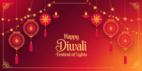 Fototapeta premium Diwali Festival Banner Featuring Traditional Indian Paper Lanterns Hanging Against a Rich Red Gold Background with Glowing Fairy Lights Festive Patterns Ideal for Holiday Greetings Digital Invitations