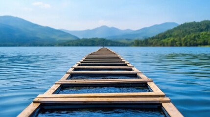 Naklejka premium Aquaculture Sustainable Practices Concept, Scenic View of a Wooden Pier Leading into Serene Waters Under a Blue Sky with Mountains in the Background