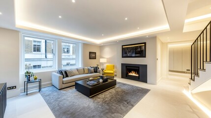 Fototapeta premium Modern living room interior featuring fireplace and a comfortable sofa