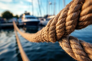 Close up of sturdy rope, harbor view, boats on the water in the blurred background