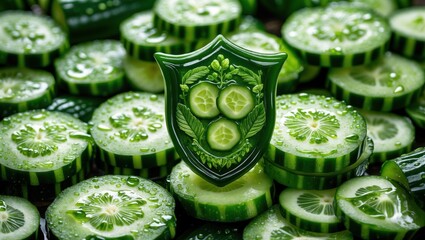 Close-up of cucumber slices arranged with a decorative green shield shape in the center, showcasing freshness and vibrant green hues