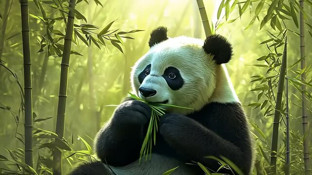 Playful panda munching on bamboo in a serene, lush green forest with sunlight filtering through trees