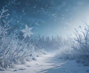 Fototapeta premium Frozen scene with ethereal snowflakes, frosty blue hues dominate , winter scene, ice patterns, background