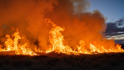 Fototapeta premium Intense wildfire flames rising against a dusky sky 