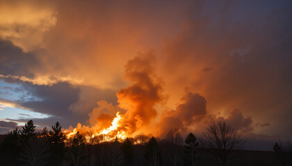Forest fire illuminating the sky against a dramatic sunset  