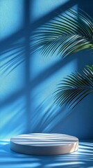 Obraz premium A vibrant blue wall serves as a backdrop for long palm frond shadows dancing across a circular platform in an artistic indoor environment, suggesting creativity and tranquility