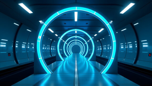 Underground hyperloop station with holographic timetables and levitating passenger pods.