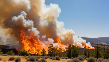 Fototapeta premium Wildfire spreading rapidly through forest landscape 