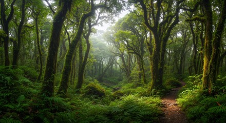 Obraz premium Lush, misty forest path illuminated by sunlight.