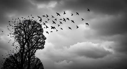 AI image surreal black and white scene: birds flying from a tree shaped like a human head, suggesting thoughts escaping, loss, release.