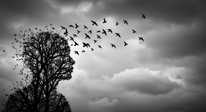 AI image surreal black and white scene: birds flying from a tree shaped like a human head, suggesting thoughts escaping, loss, release.