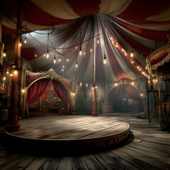 View of an old circus tent with a wooden stage and red and white striped canopy and hanging lights