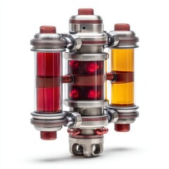 A futuristic metallic device with glass chambers filled with red and yellow liquids, featuring copper coils and industrial design elements.