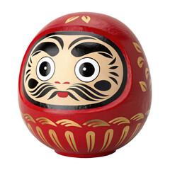 Classic Japanese daruma doll in deep red with bold black facial features, symbolizing perseverance and good luck