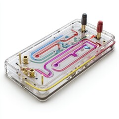 Transparent electronic device showing colorful internal circuitry, connectors, and wiring, likely used for science or educational purposes.