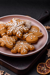 Christmas winter gingerbread, holiday biscuits on monochrome background