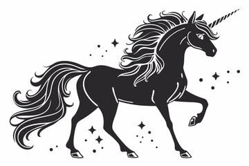 Black shape silhouette of the magical unicorn on the white background
