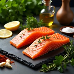 Salmon fillets are beautifully presented on a black stone surface, surrounded by fresh herbs, lemon slices, olive oil, and assorted spices, showcasing a colorful and appetizing setup for cooking.