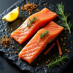 Fresh salmon fillets with herbs, lemon, olive oil, and spices arranged on a black stone background for culinary preparation