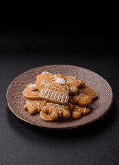 Christmas winter gingerbread, holiday biscuits on monochrome background