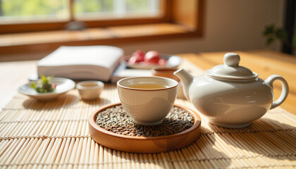 Fototapeta premium Elegant tea set with cup and pot arranged on bamboo mat 