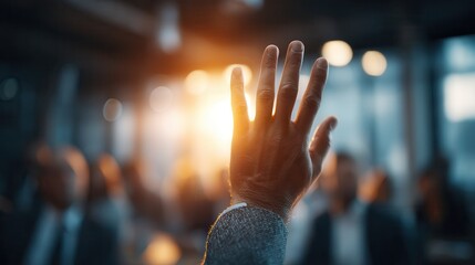 Hand pouring wheat grains harvest Raised hand in focus with blurred background of a meeting setting.