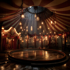 A vintage circus tent interior with a wooden stage and hanging lights creating a warm glow ambiance