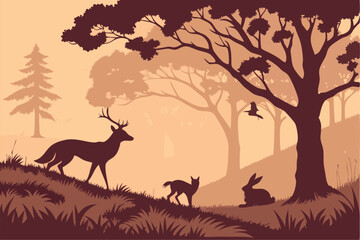 Horizontal banner. Silhouette of deer, fox, hare standing on meadow in forrest. Silhouette of animals, trees, grass.