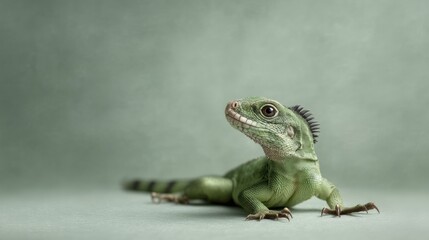 Obraz premium Close-up of a vibrant green lizard, looking curious and alert, against a soft sage green background. Captivating reptile portrait.
