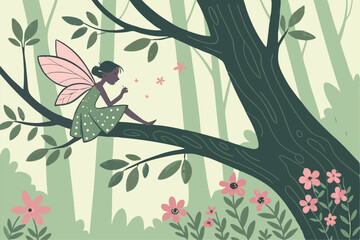 illustration of fairy on branch
