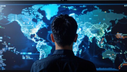 A person studies a digital world map with data points and illuminated connections, suggesting global analysis or cybersecurity.